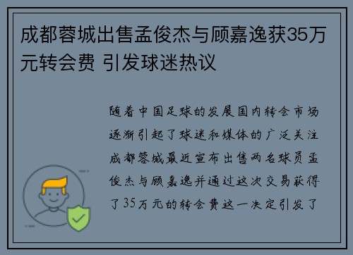 成都蓉城出售孟俊杰与顾嘉逸获35万元转会费 引发球迷热议