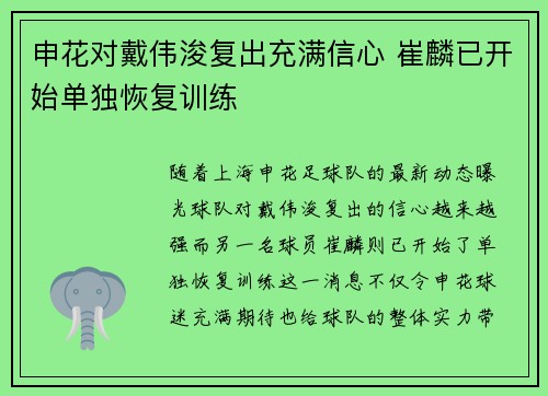 申花对戴伟浚复出充满信心 崔麟已开始单独恢复训练