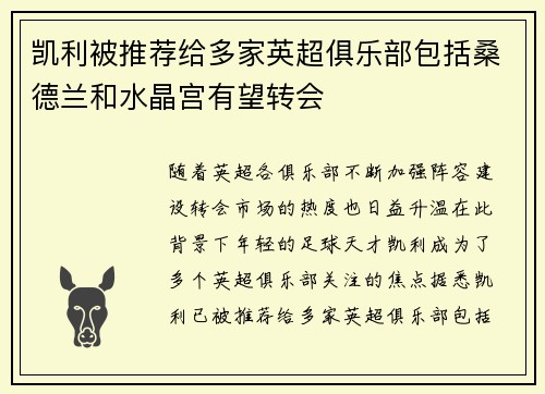 凯利被推荐给多家英超俱乐部包括桑德兰和水晶宫有望转会